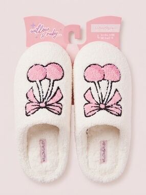 NWT Women's Pink White Pom-Pom Bow Slippers